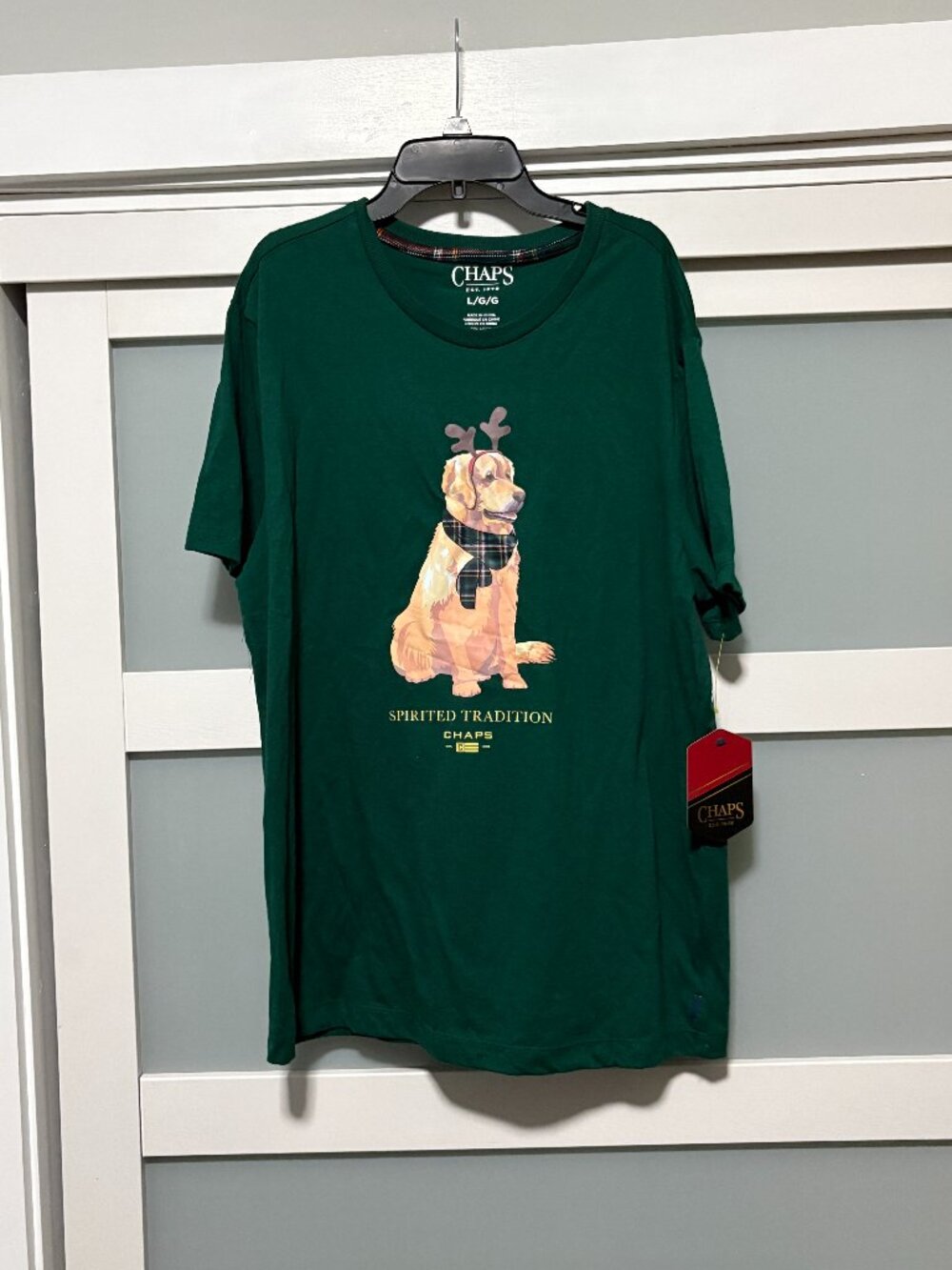 Chaps Spirited Tradition Golden Lab Dog Reindeer Holiday T-Shirt Green sz L NEW